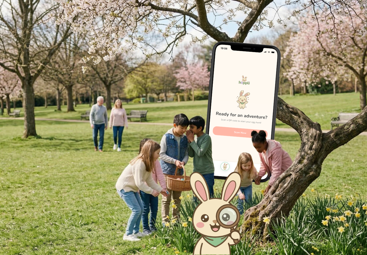 Kids on an Easter egg hunt in a sunny park with the Hoppli app and bunny mascot